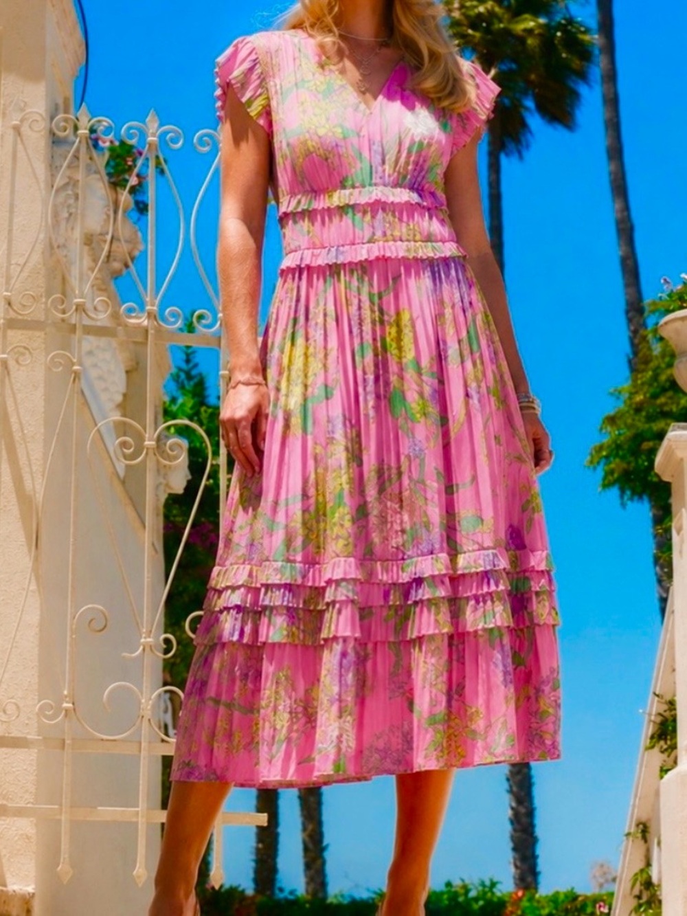 Current Air Pink Floral Camille Dress Midi Silky Tiered Ruffle Size L